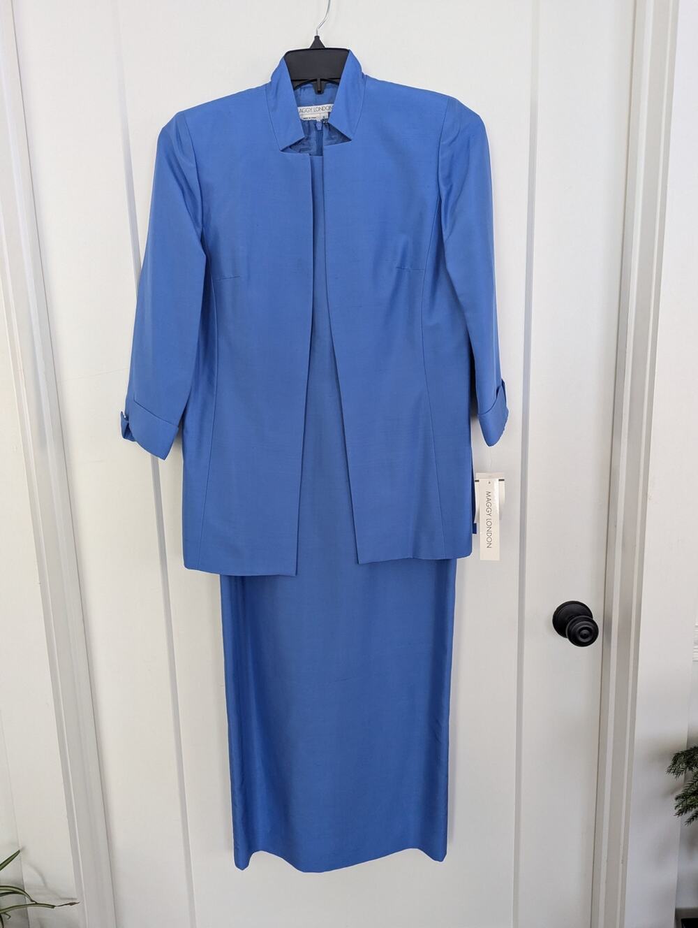 NWT Maggy London 100% Silk 2 Piece Dress Set Jacket Blue Sz4 Maxi Midi